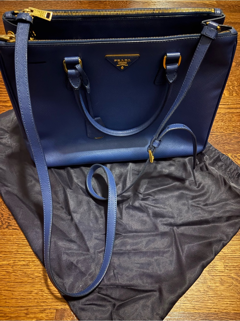 Prada Navy Saffiano Leather Satchel with Gold Hardware